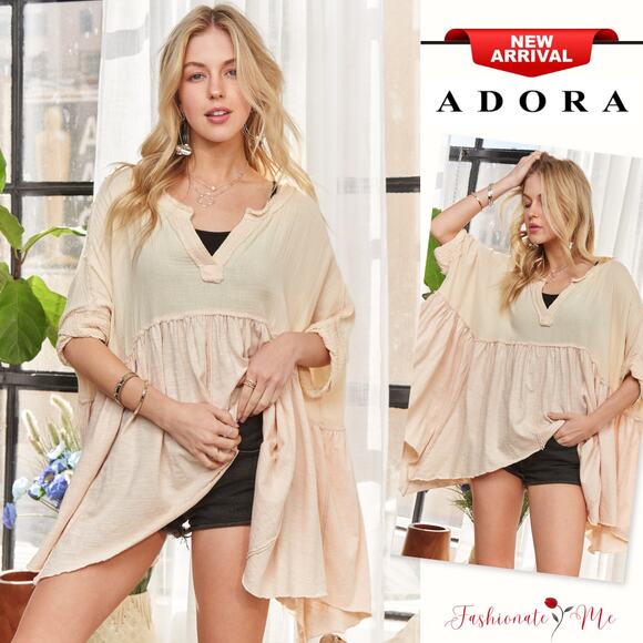 ADORA Oversized Vintage Raw Edge Detail Mineral Wash Flare Babydoll Top | Beige - Picture 1 of 6